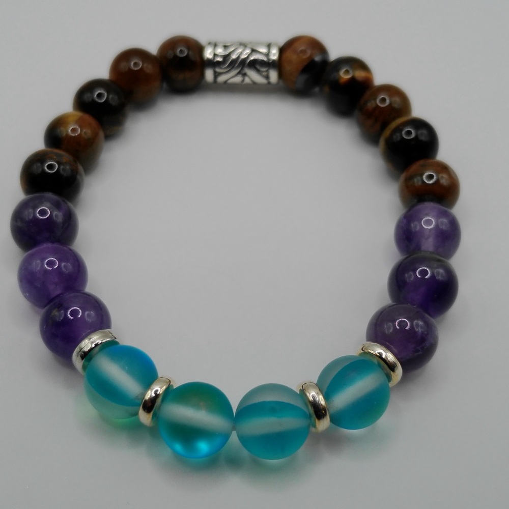Moonstone, Amethyst, and Tigers Eye Gemstone Bracelet - Picture 3 of 4